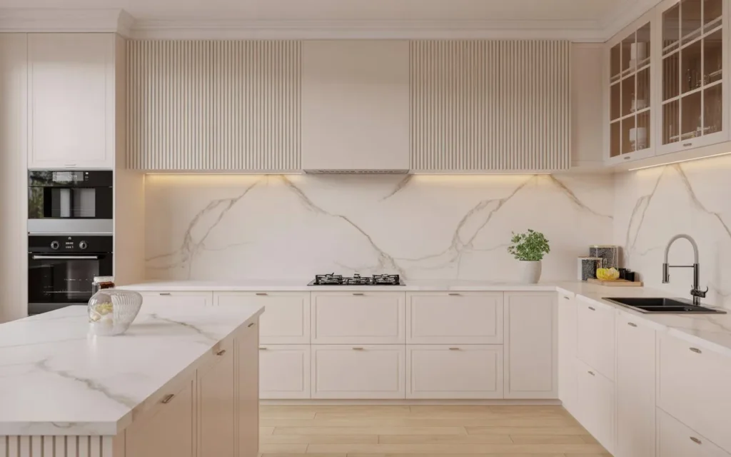 marble slab backsplash modern kitchen