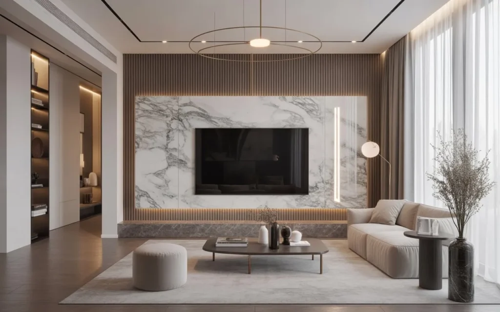 marble modern TV wall design in luxury living room