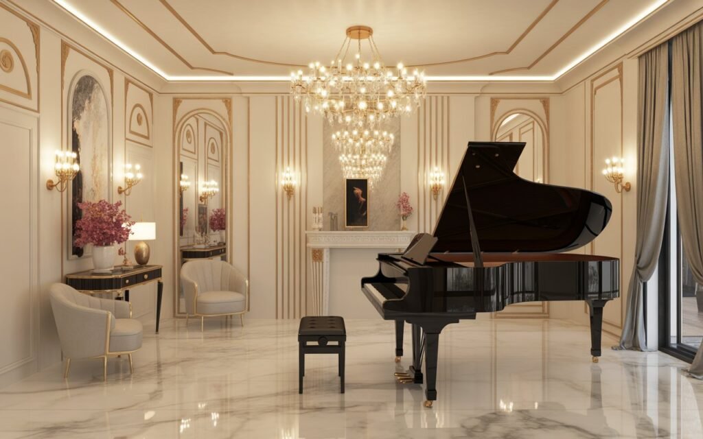 luxury piano room with gold accents and elegant design