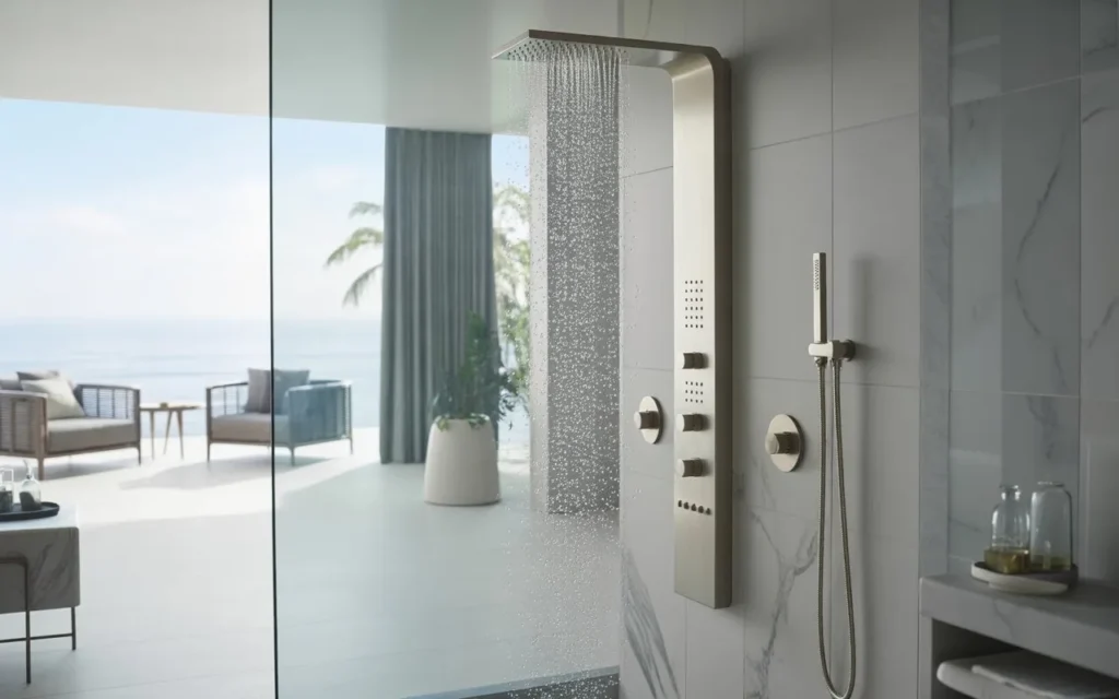 spa style luxury shower with rainfall head and jets