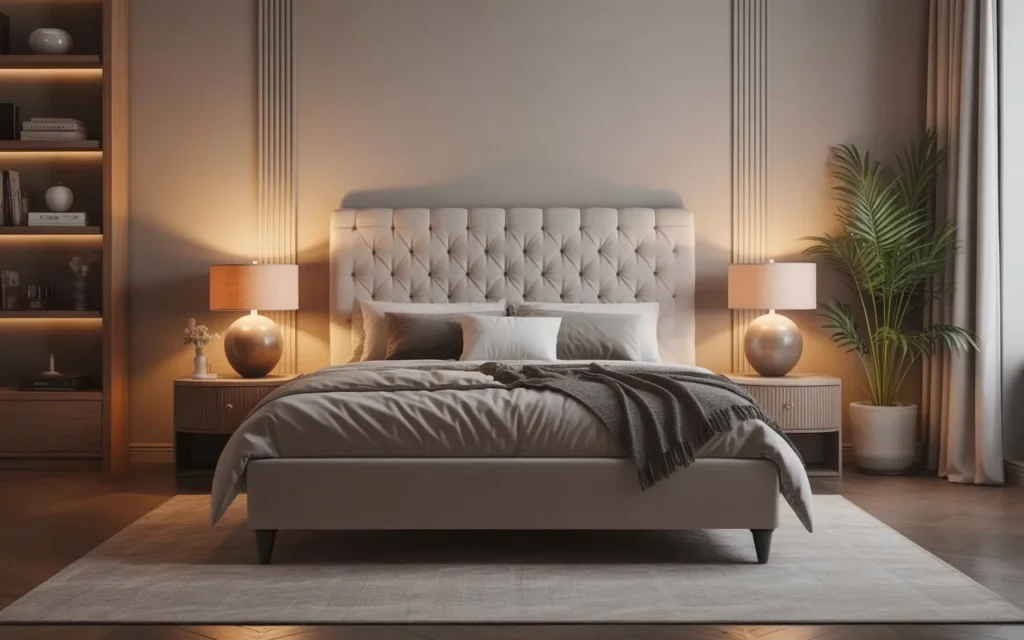 upholstered bed with tufted headboard in cozy bedroom