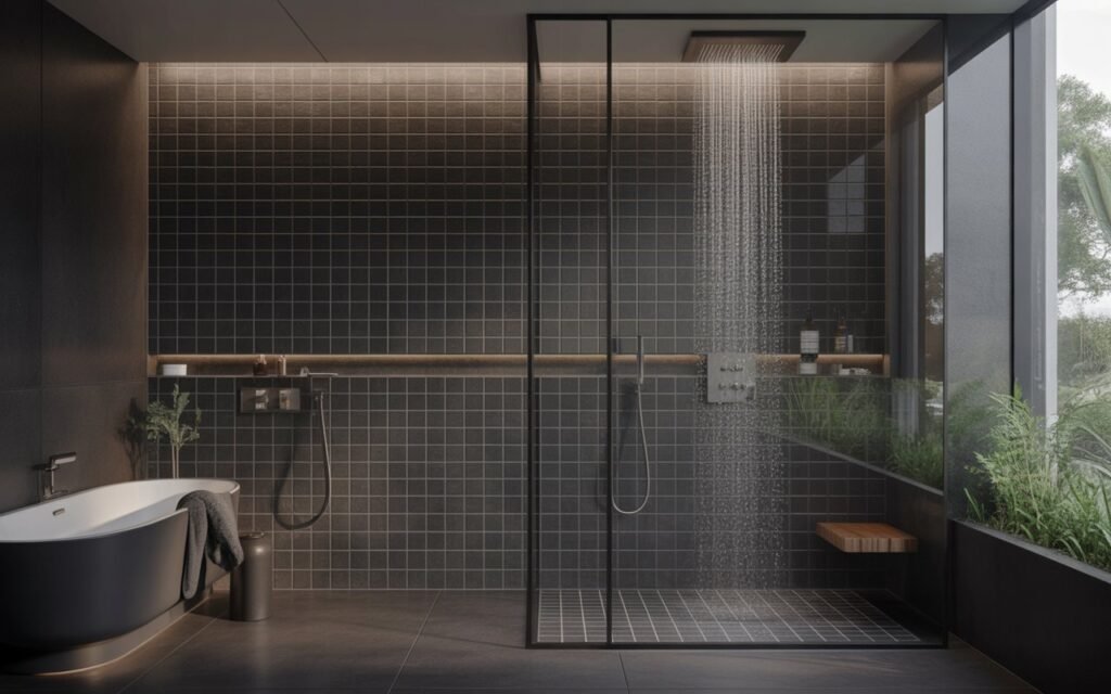 walk in shower with dark charcoal tiles and glass partition