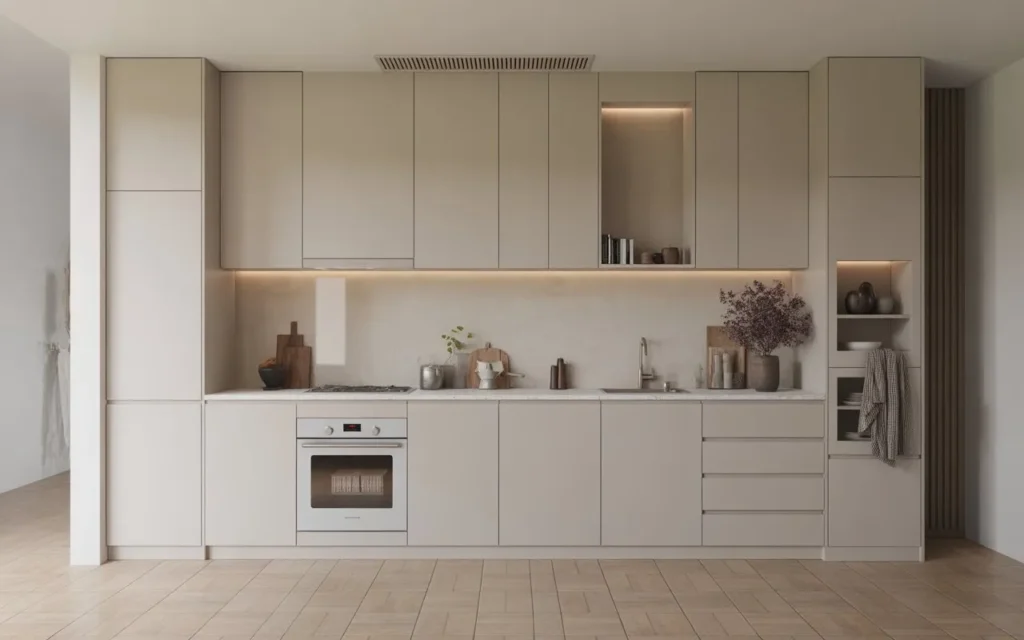 matte finish modern kitchen cabinet design in neutral tones