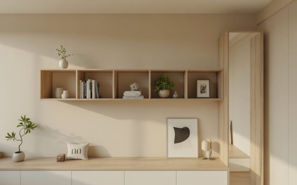 minimal shelf decor negative space bedroom