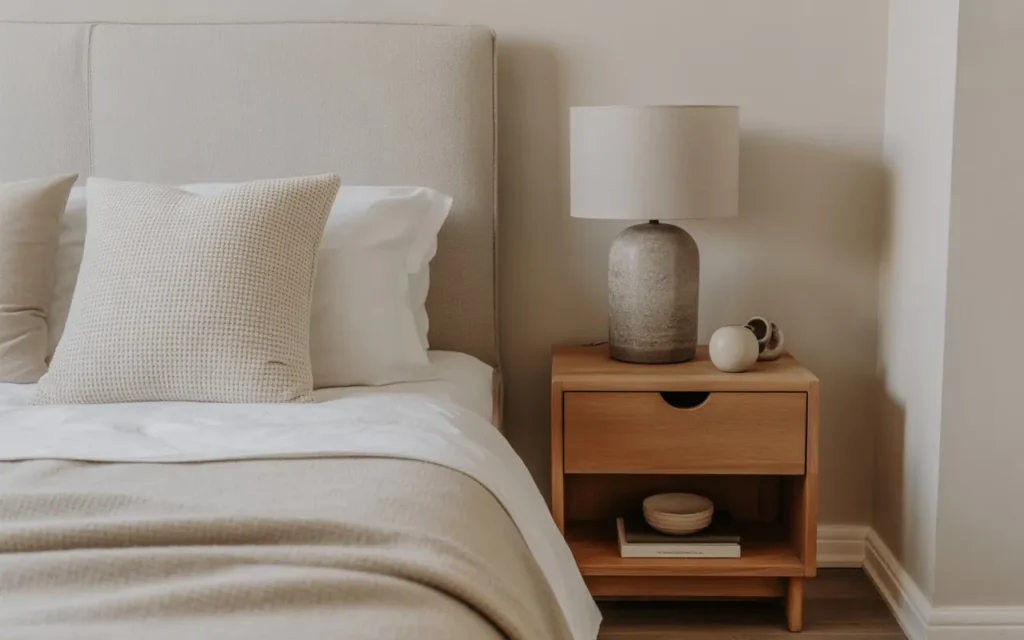 minimalist bedside table in modern bedroom