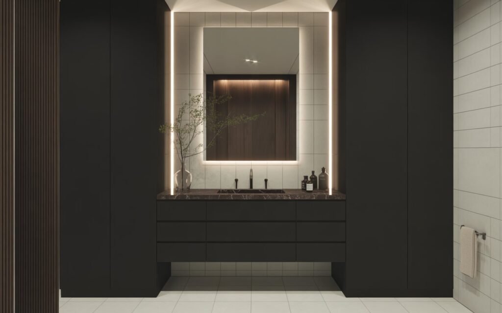 minimalist dark vanity with marble countertop