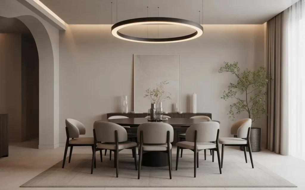 modern ring chandelier above minimalist dining table