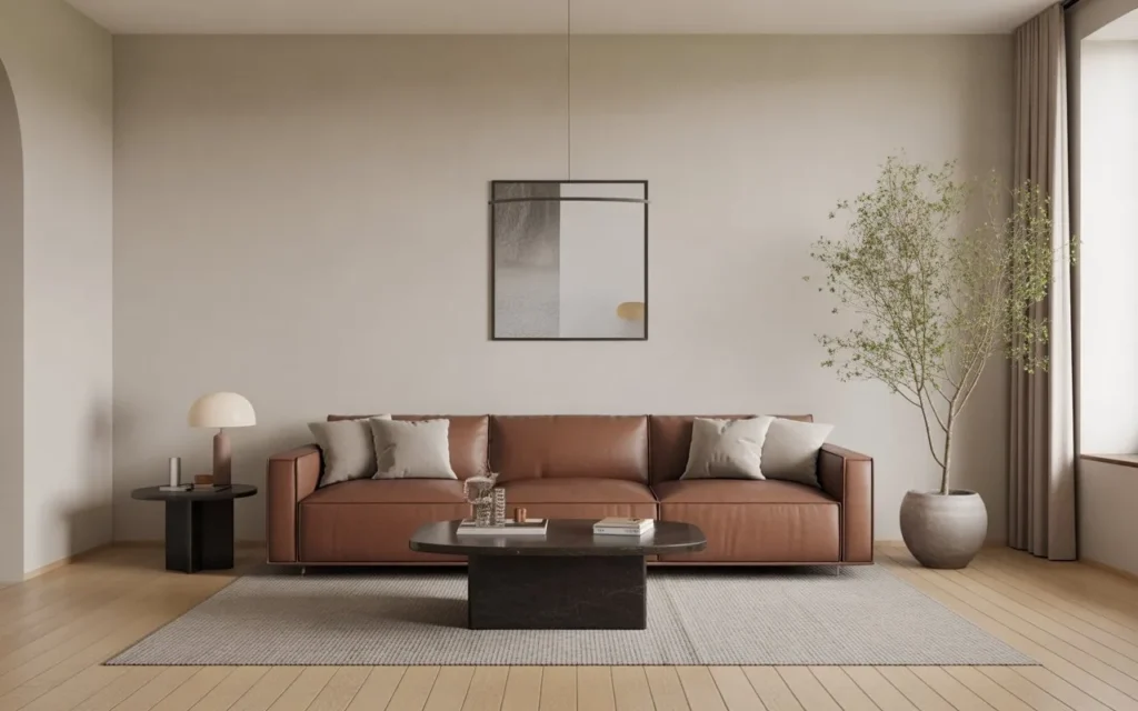 minimalist living room with brown couch