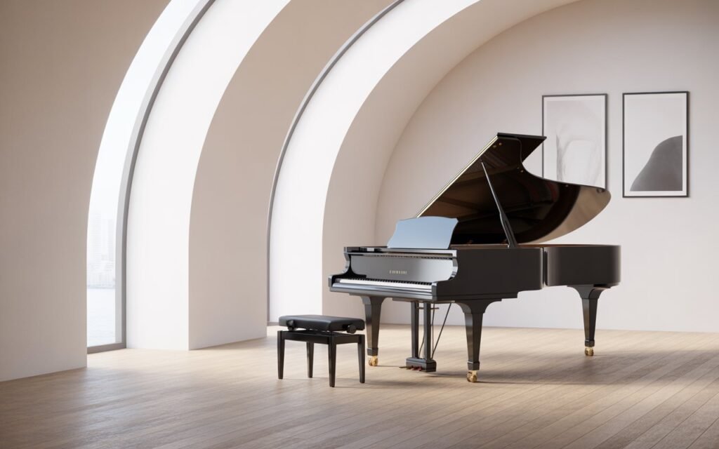 minimalist piano room with grand piano and neutral decor