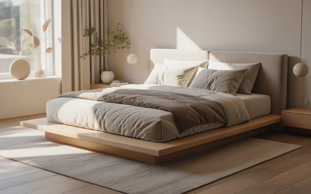 minimalist platform bed in modern cozy bedroom interior