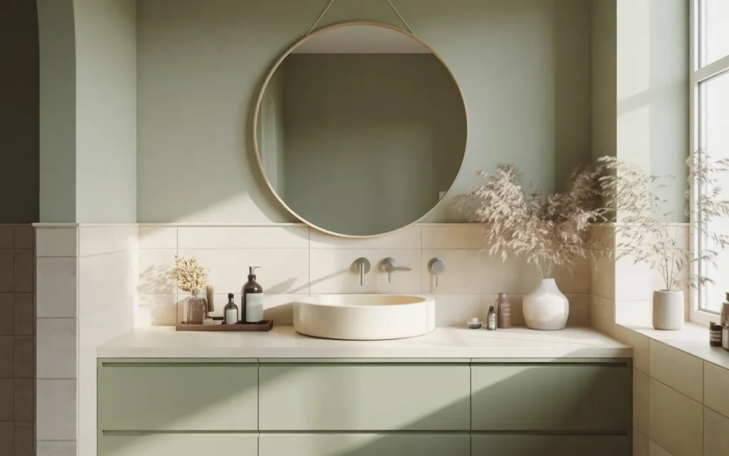 minimalist sage and cream bathroom