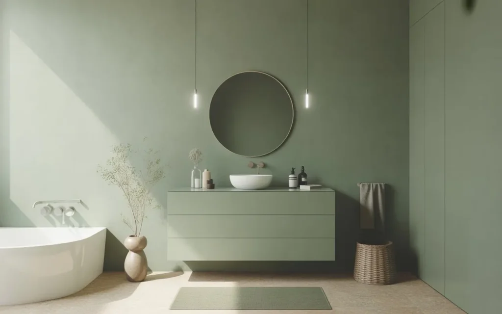 minimalist sage green bathroom interior