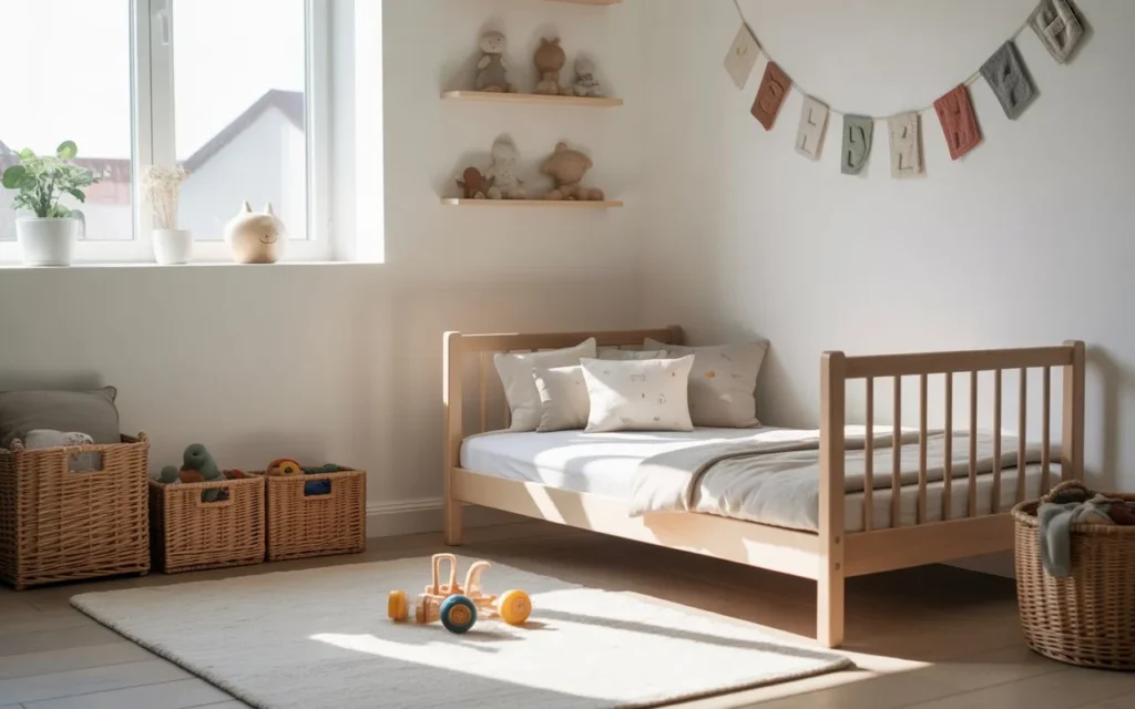 minimalist toddler bedroom with simple decor and wooden furniture