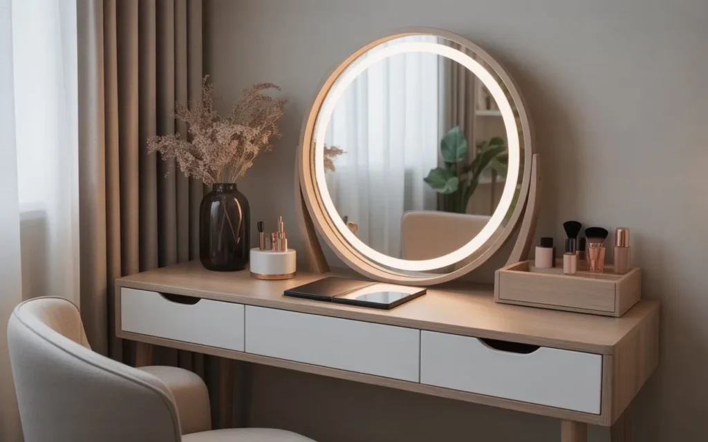 minimalist vanity table with mirror in bedroom
