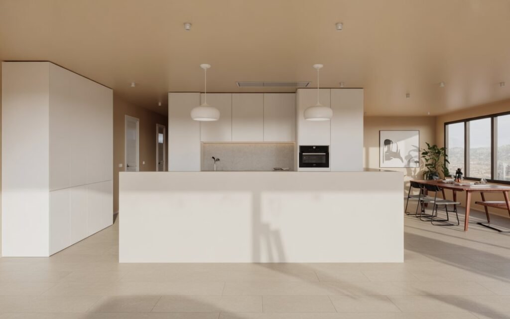 white half wall kitchen living room modern