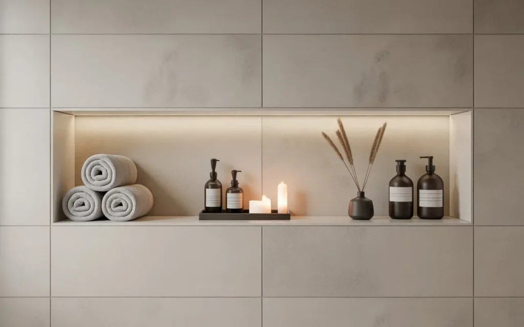 built in wall niche storage for bathroom towels