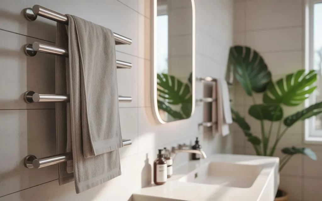 vertical towel bar storage idea for small bathroom