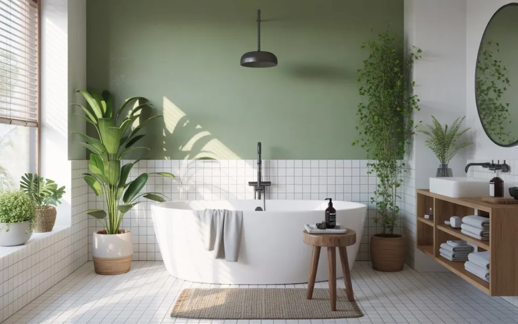 sage green accent wall in modern bathroom