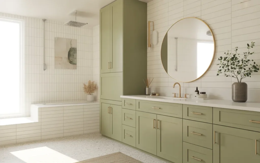 sage green bathroom cabinets with white countertop