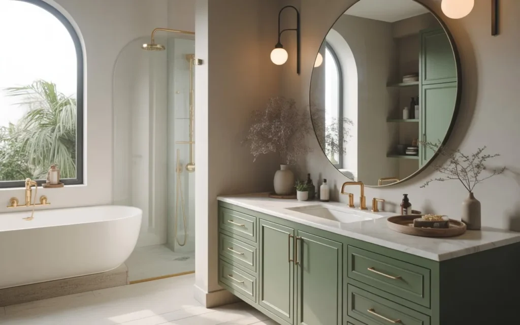 sage green bathroom vanity with gold hardware and marble countertop