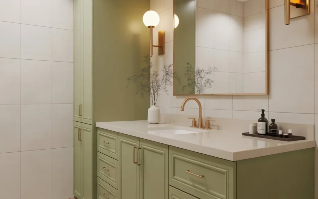 sage green vanity with cream countertop in modern bathroom