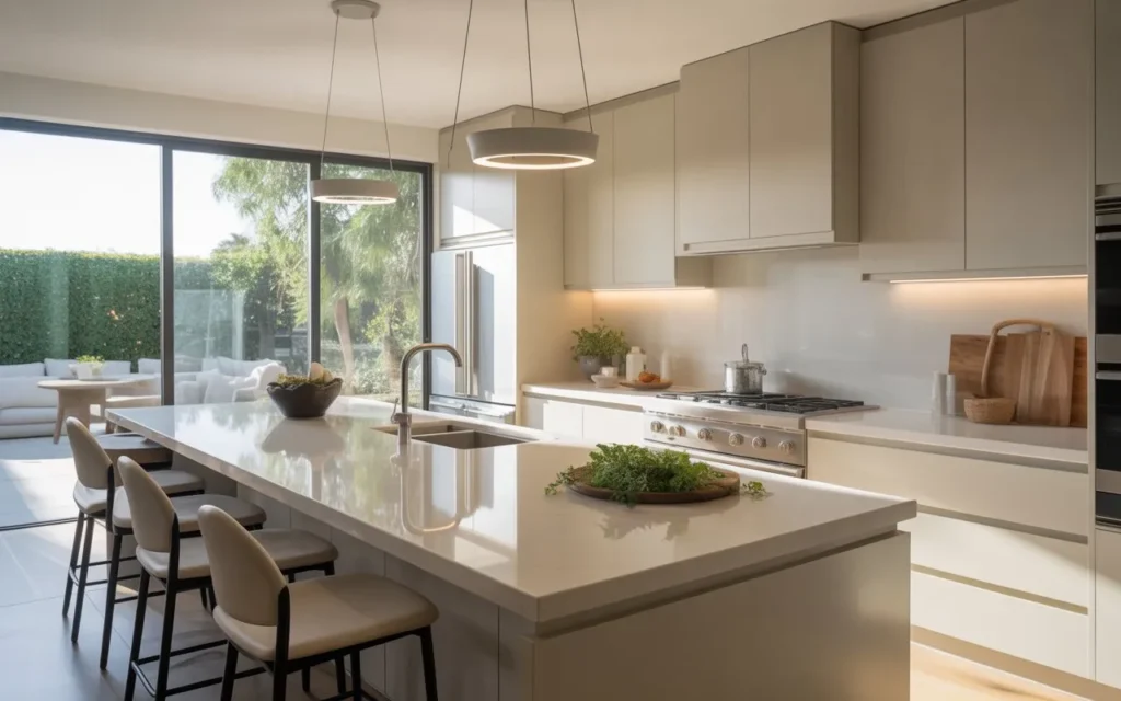 Modern contemporary kitchen with sleek quartz countertops, light neutral cabinets,