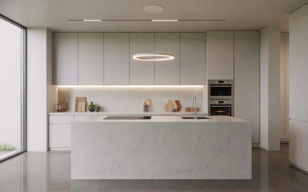 Modern contemporary kitchen with waterfall island,