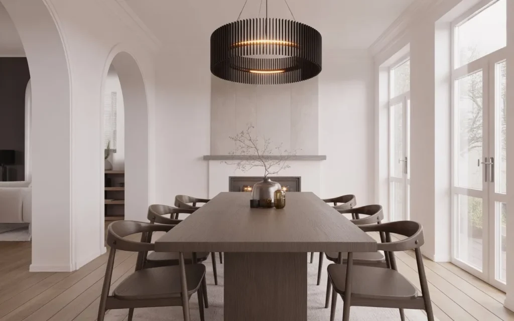 black metal chandelier in modern dining room