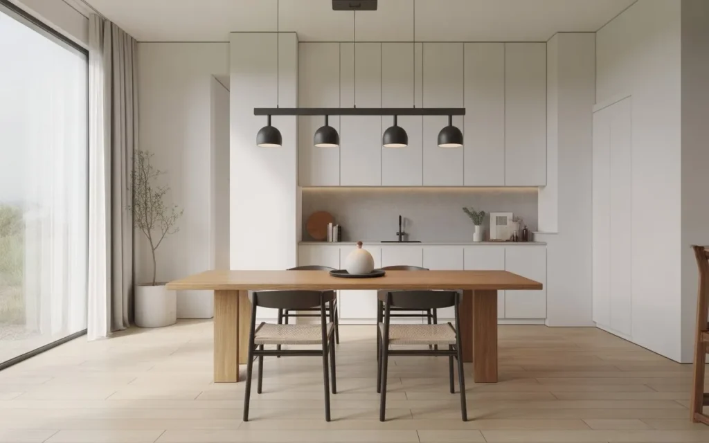 black metal dining room light fixture above wooden table