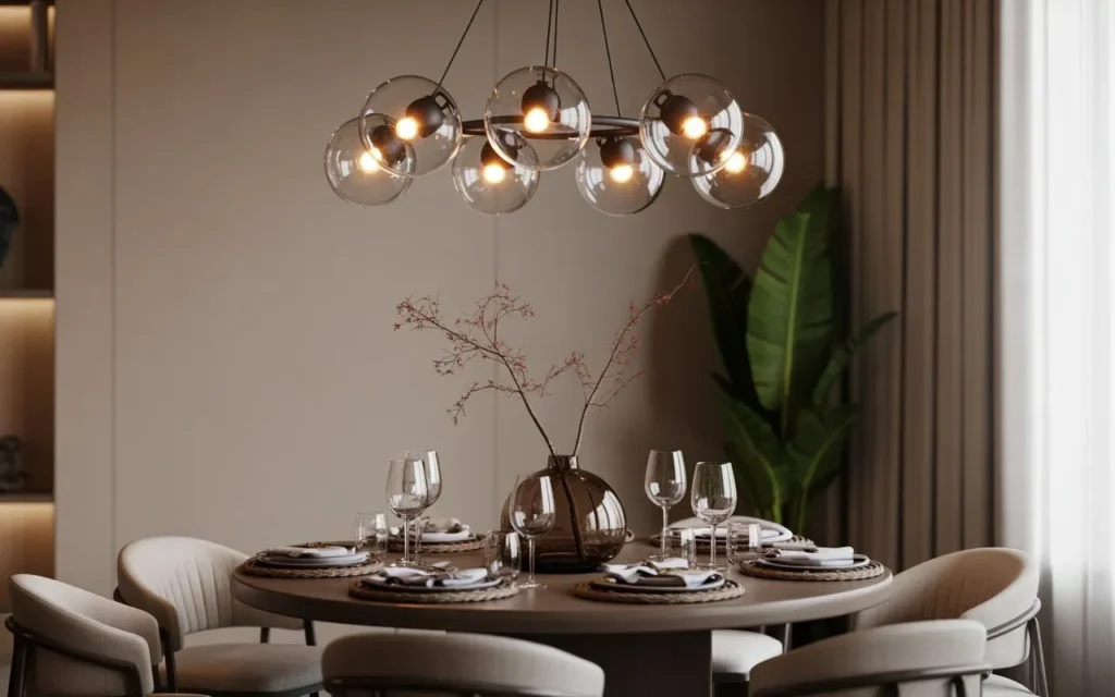 glass globe light fixture in modern dining room
