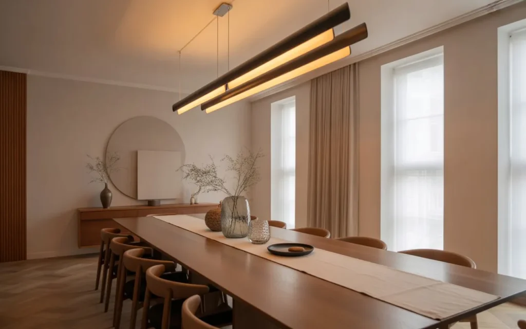modern dining room with linear chandelier above long dining table