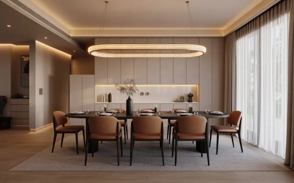 oval chandelier above rectangular dining table