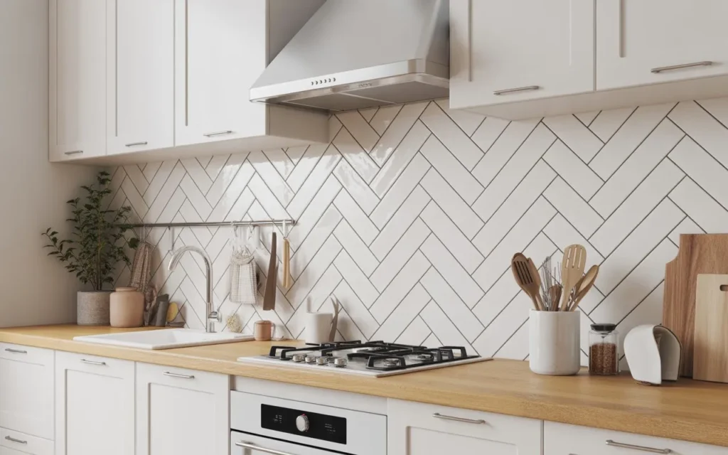 herringbone tile backsplash modern kitchen