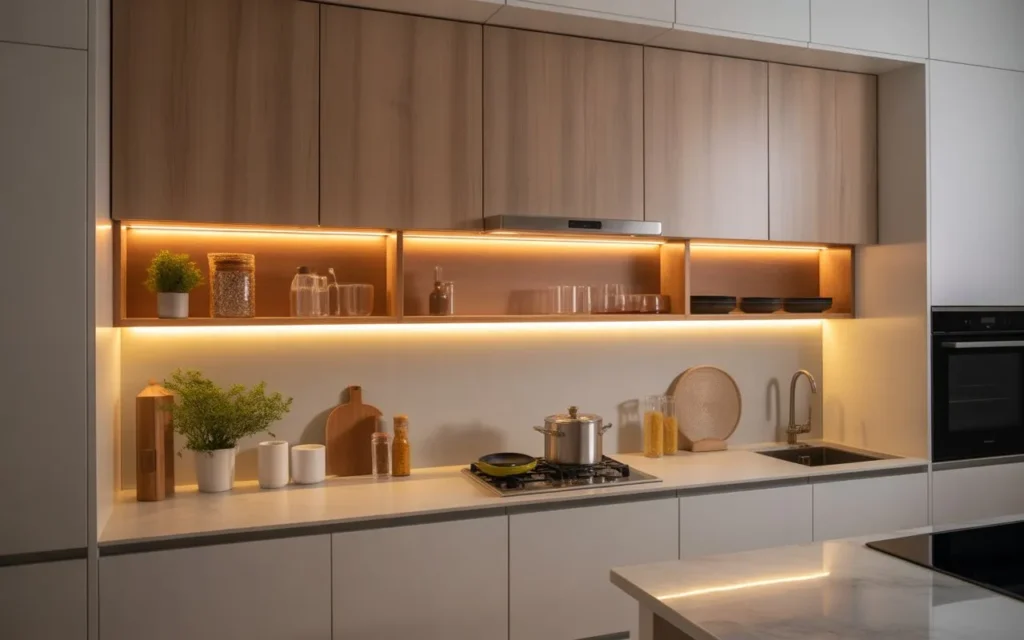 modern kitchen cabinet design with built in LED lighting