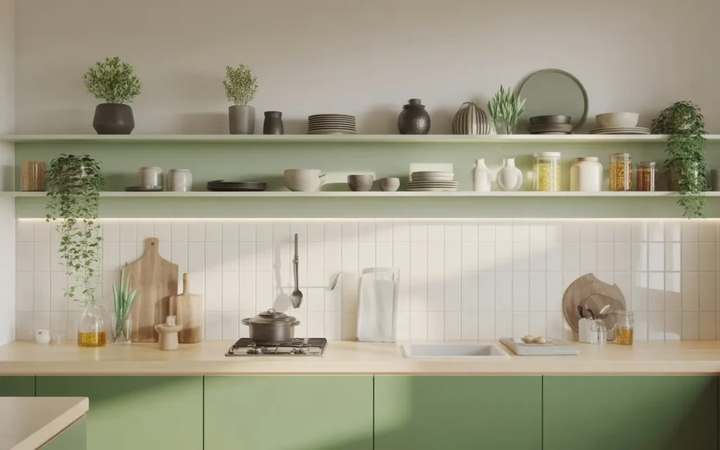 open shelving with backsplash modern kitchen