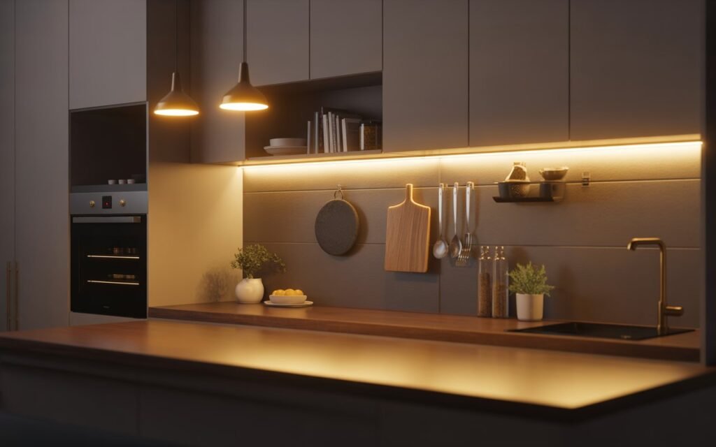 kitchen with warm under cabinet lighting creating cozy atmosphere