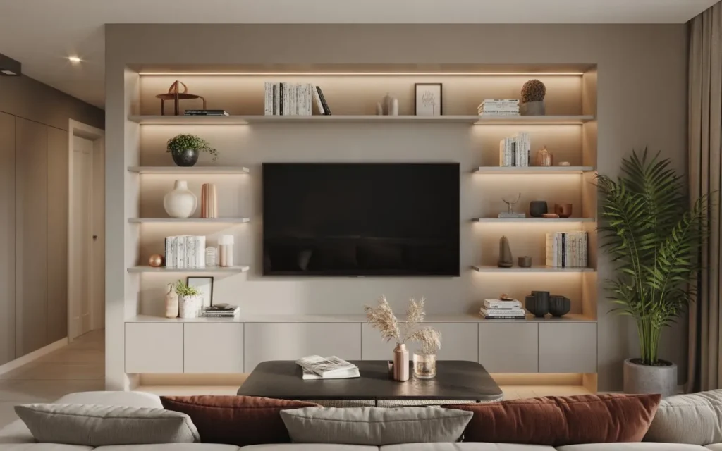 floating shelf modern TV wall design