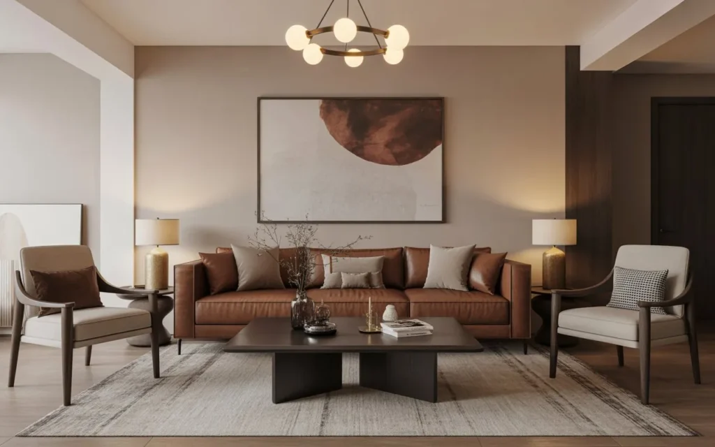 brown couch living room with statement wall art