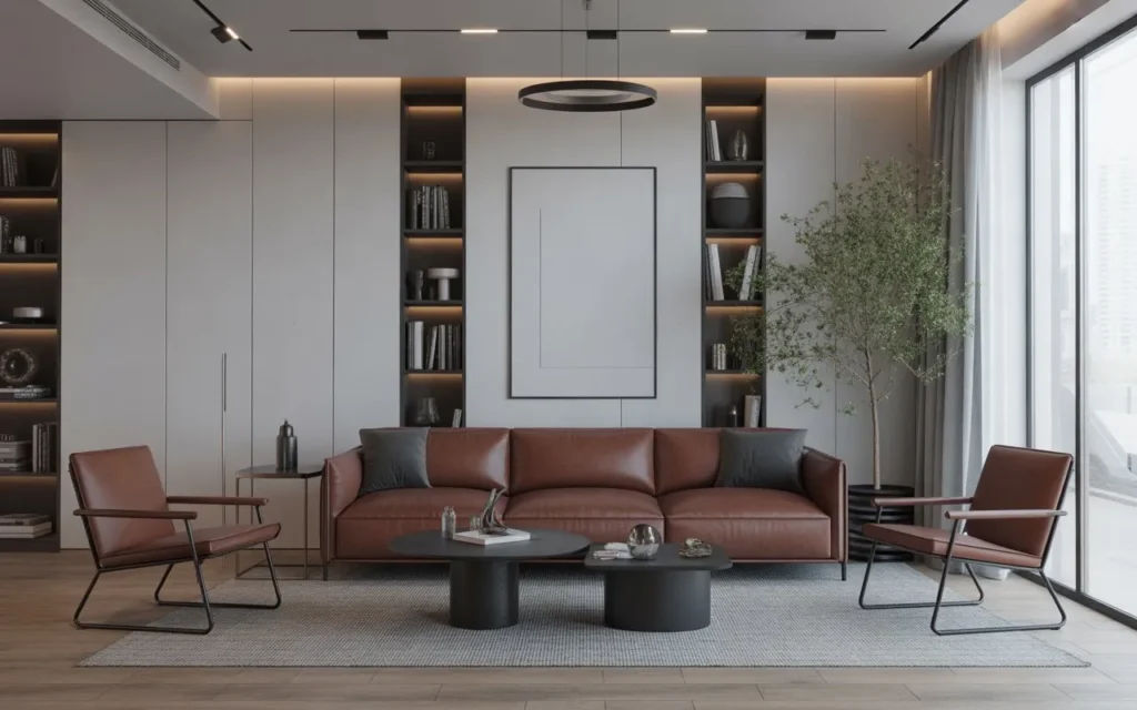 modern living room with brown leather couch and sleek decor