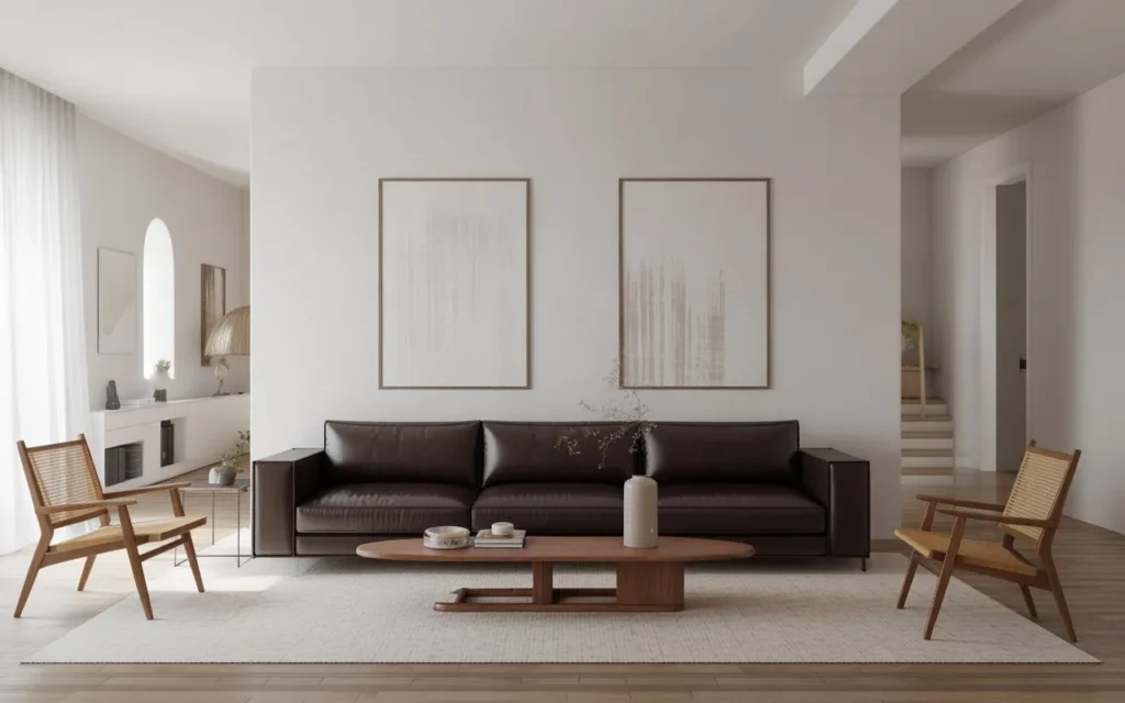 brown couch living room with white walls and minimalist decor