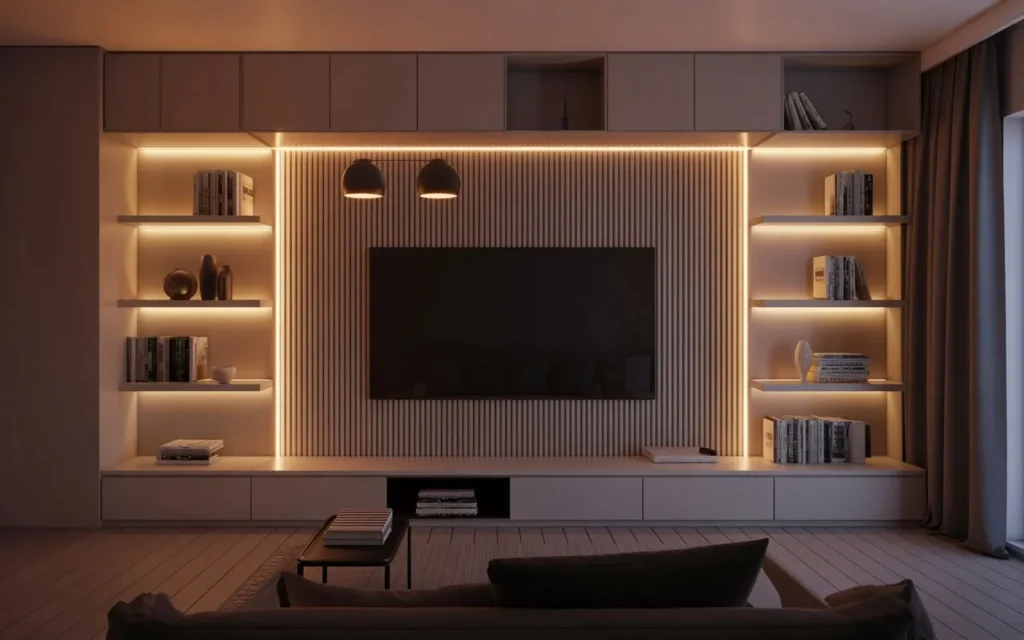 LED strip lighting behind TV creating ambient living room lighting