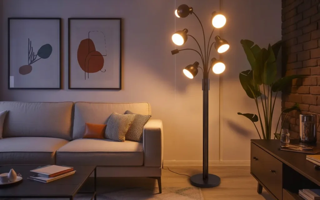multi light floor lamp illuminating different areas of living room