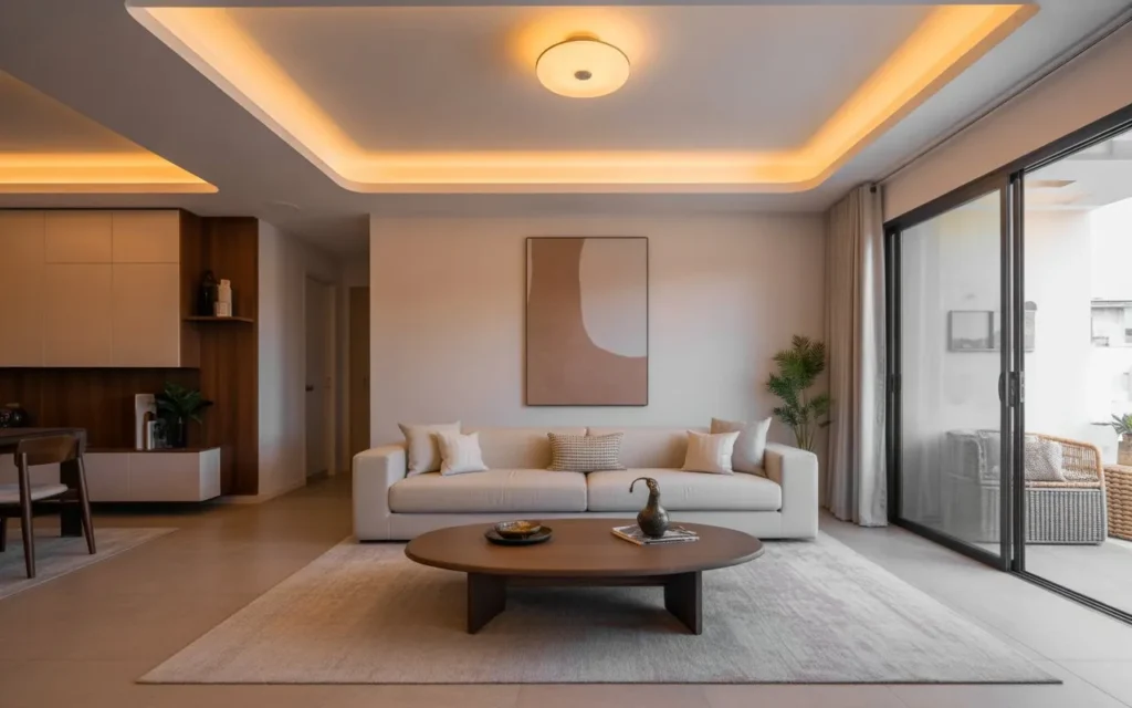 recessed ceiling lighting illuminating a modern living room