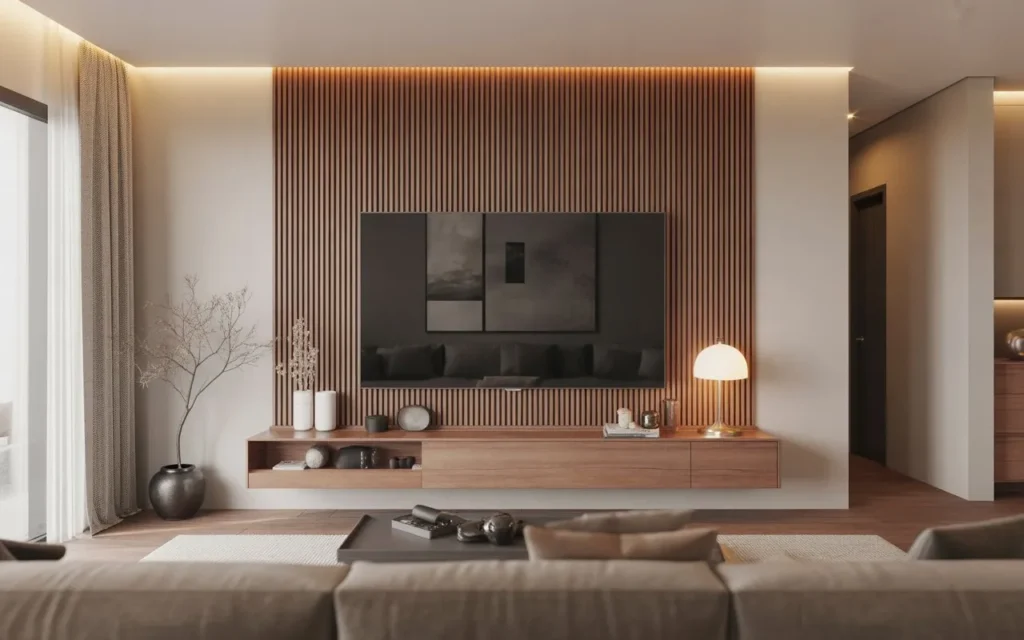 wooden panel modern TV wall design in stylish living room
