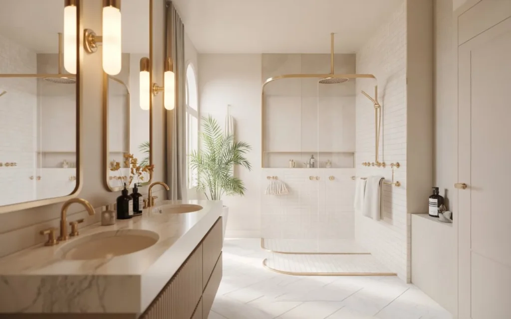 brushed brass fixtures in luxury bathroom design