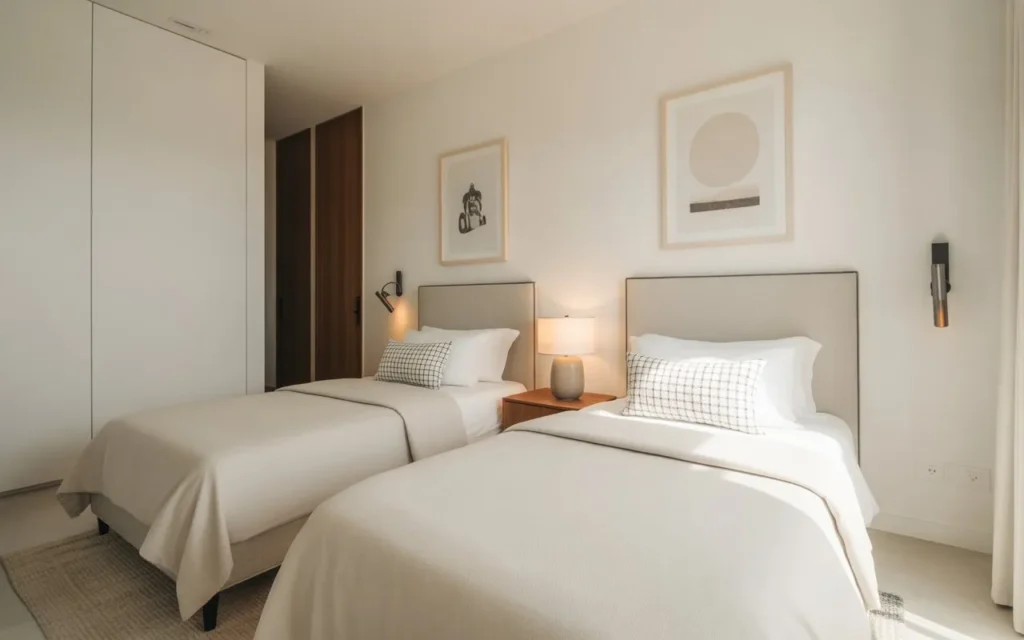modern minimalist guest room with twin beds and neutral decor