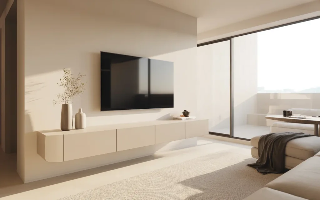minimalist modern TV wall design in neutral living room