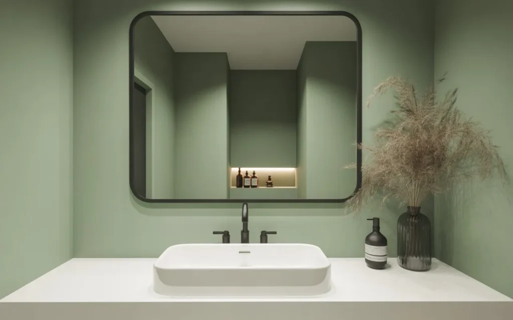 sage green bathroom with black accents