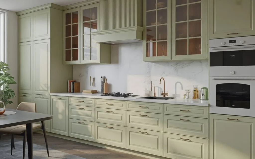 sage green kitchen cabinets with brass handles