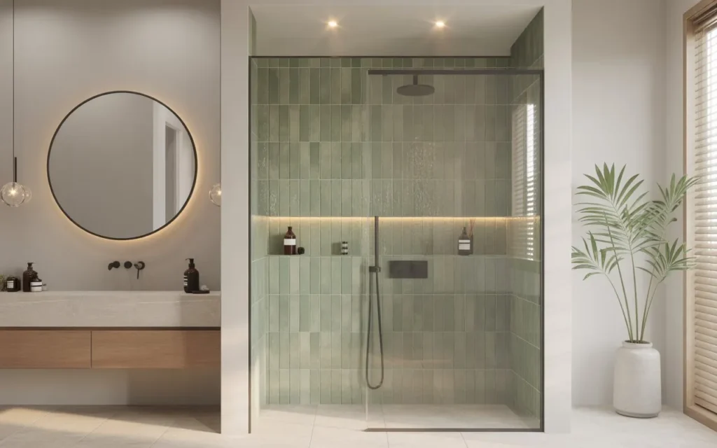 sage green tile shower in modern bathroom